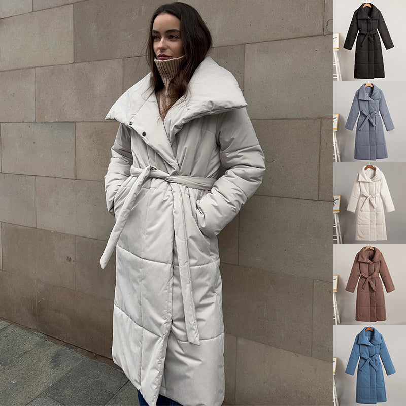 Fashion Large Lapel Long Coat Winter Warm Cotton Jacket With Pockets And Lace-up Design Casual Solid Color Thick Coat For Women Outwear Clothing - Bellarte Enchanté Fashion Large Lapel Long Coat Winter Warm Cotton Jacket With Pockets And Lace-up Design Casual Solid Color Thick Coat For Women Outwear Clothing